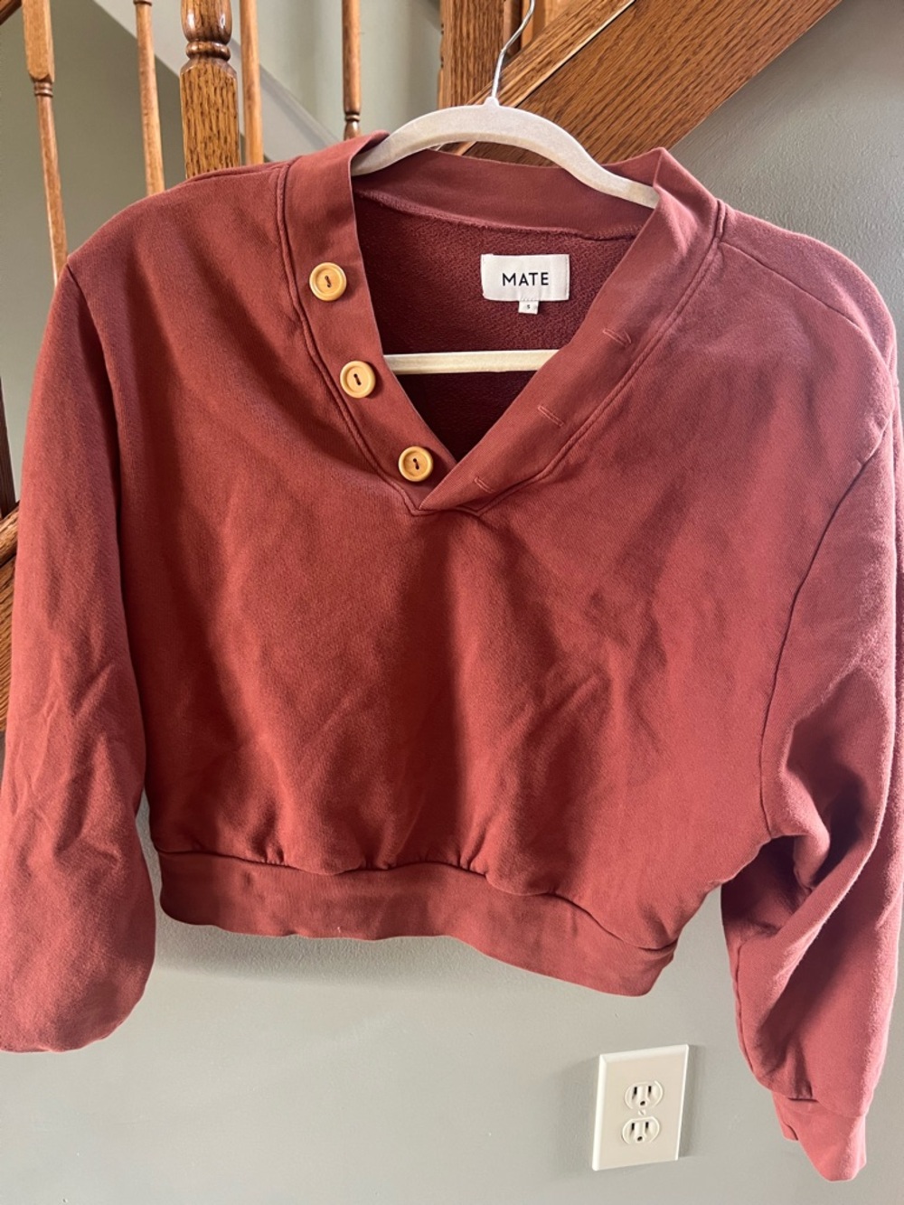 MATE the Label Cropped Pullover in Rust Red with Wood Buttons